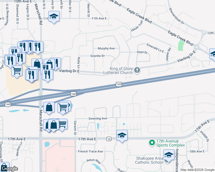 map of restaurants, bars, coffee shops, grocery stores, and more near Shakopee Bypass in Shakopee