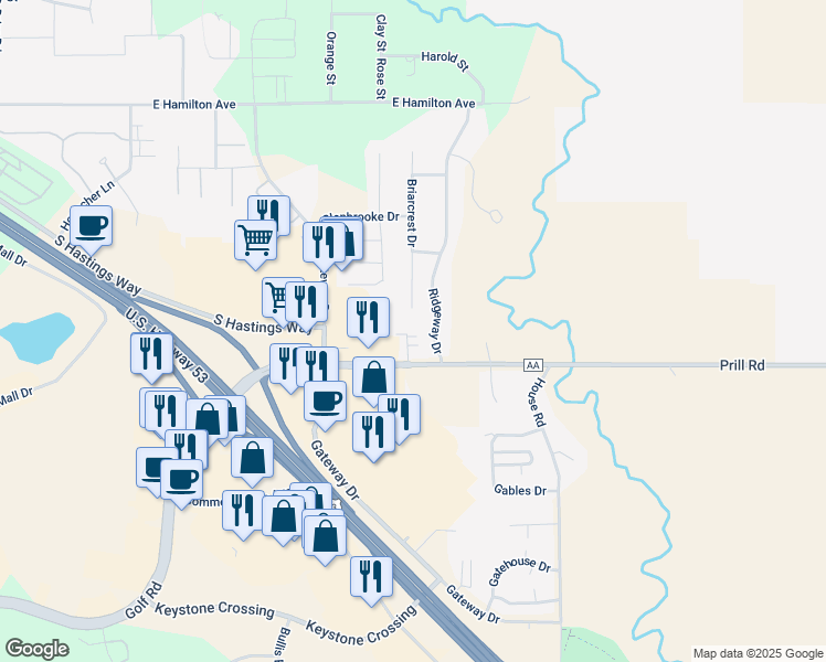 map of restaurants, bars, coffee shops, grocery stores, and more near 5334 Prill Road in Eau Claire