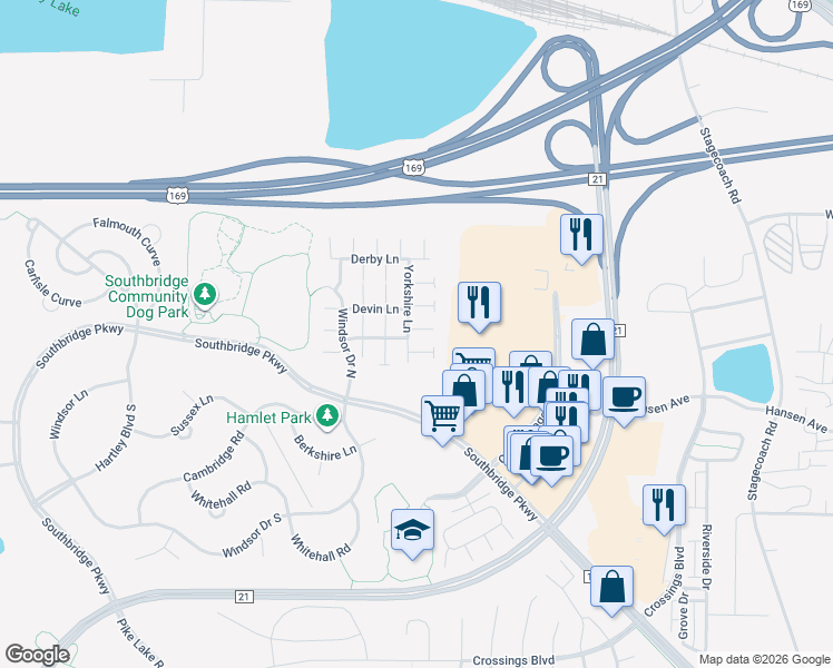 map of restaurants, bars, coffee shops, grocery stores, and more near 1515 Yorkshire Lane in Shakopee