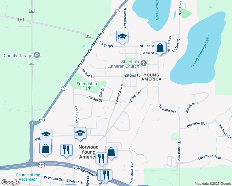 map of restaurants, bars, coffee shops, grocery stores, and more near 304 Oak Drive in Norwood Young America