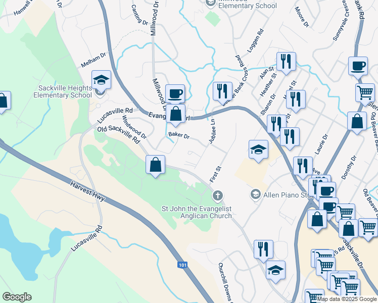 map of restaurants, bars, coffee shops, grocery stores, and more near 19 Jubilee Court in Middle Sackville