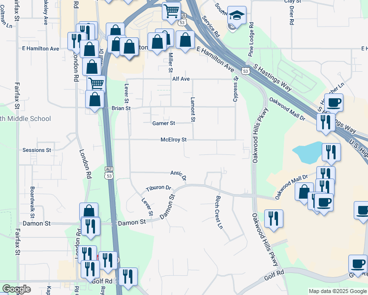 map of restaurants, bars, coffee shops, grocery stores, and more near 3498 McElroy Court in Eau Claire