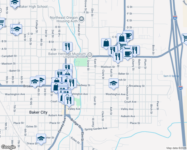 map of restaurants, bars, coffee shops, grocery stores, and more near 2239 East Street in Baker City