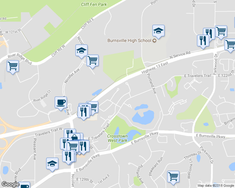 map of restaurants, bars, coffee shops, grocery stores, and more near 455 Meadowood Lane in Burnsville