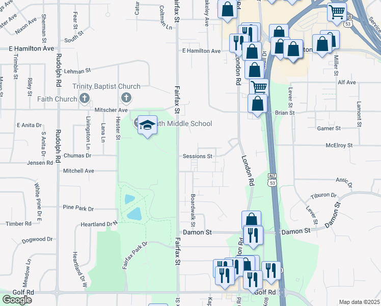 map of restaurants, bars, coffee shops, grocery stores, and more near 2328 Sessions Street in Eau Claire