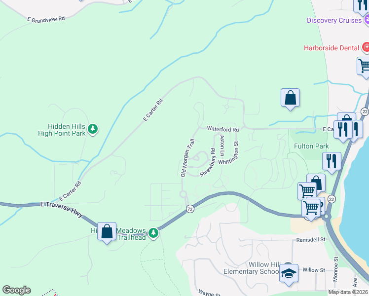 map of restaurants, bars, coffee shops, grocery stores, and more near Old Morgan Trail in Traverse City