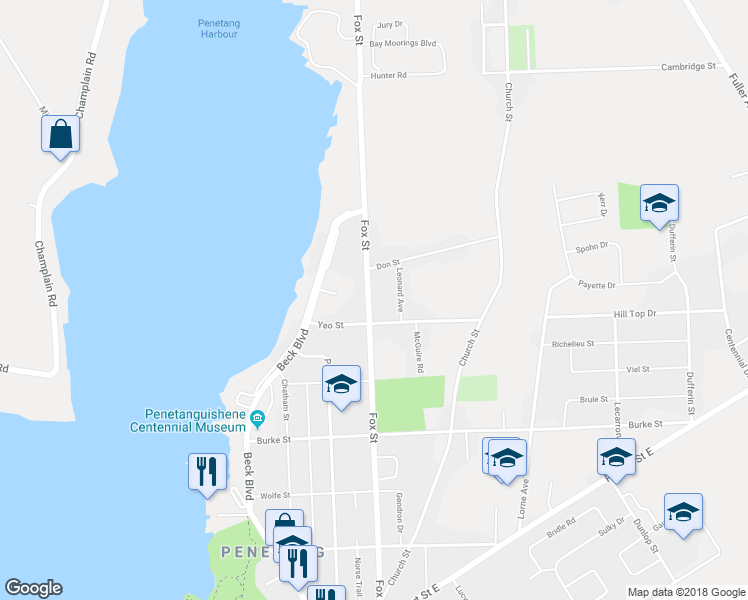 map of restaurants, bars, coffee shops, grocery stores, and more near 93 Fox Street in Penetanguishene