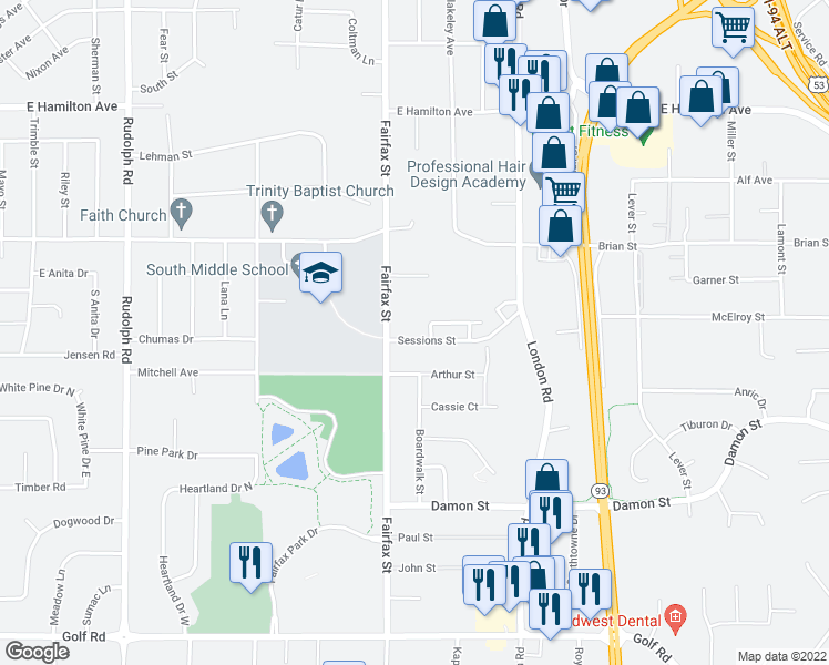 map of restaurants, bars, coffee shops, grocery stores, and more near 2300 Sessions Street in Eau Claire