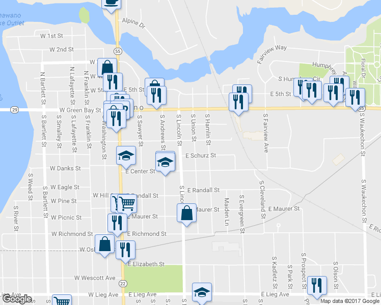 map of restaurants, bars, coffee shops, grocery stores, and more near 319 South Union Street in Shawano