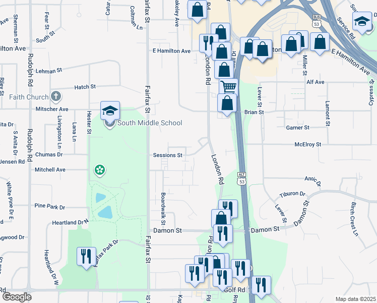 map of restaurants, bars, coffee shops, grocery stores, and more near 2516 Sessions Street in Eau Claire