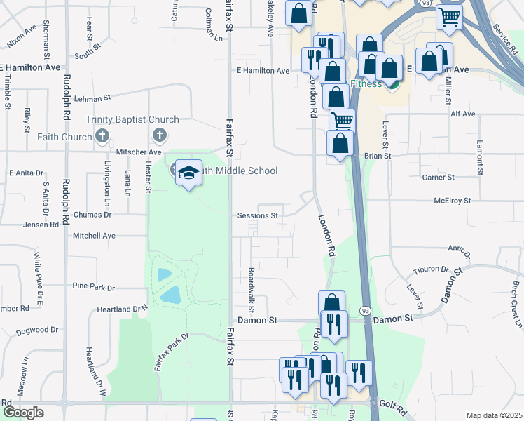 map of restaurants, bars, coffee shops, grocery stores, and more near 2328 Sessions Street in Eau Claire