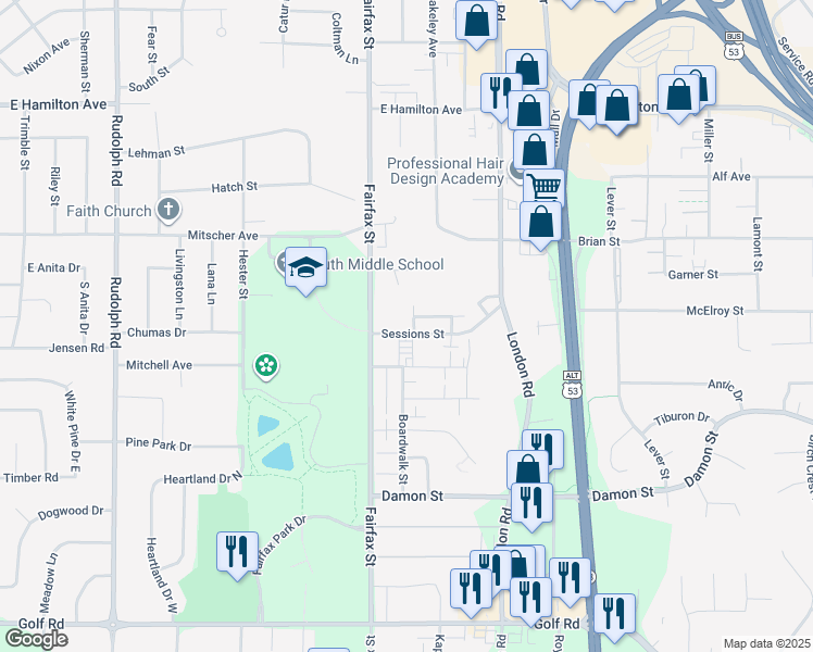 map of restaurants, bars, coffee shops, grocery stores, and more near 2328 Sessions Street in Eau Claire