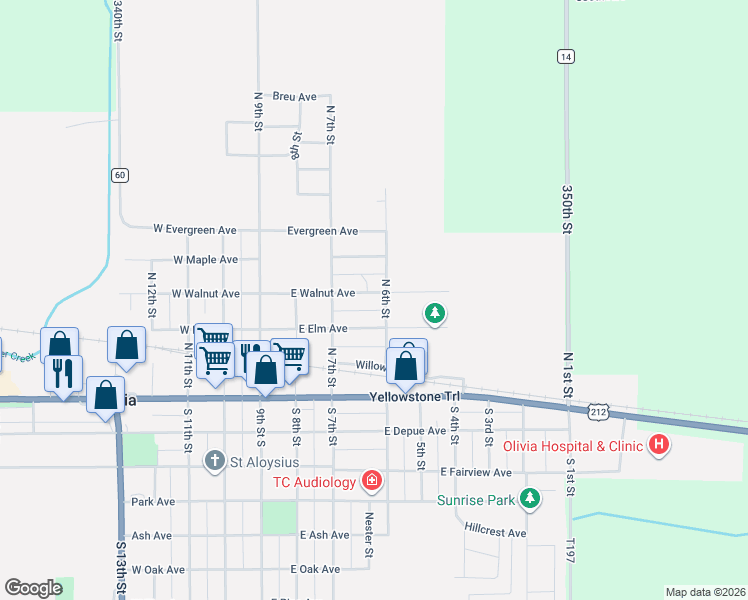 map of restaurants, bars, coffee shops, grocery stores, and more near 603 East Walnut Avenue in Olivia