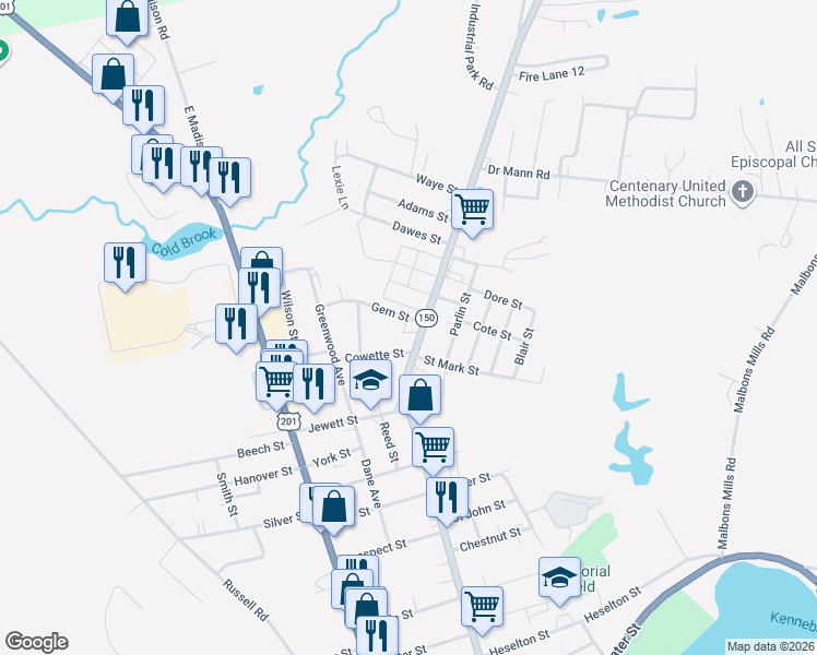 map of restaurants, bars, coffee shops, grocery stores, and more near 184 North Avenue in Skowhegan