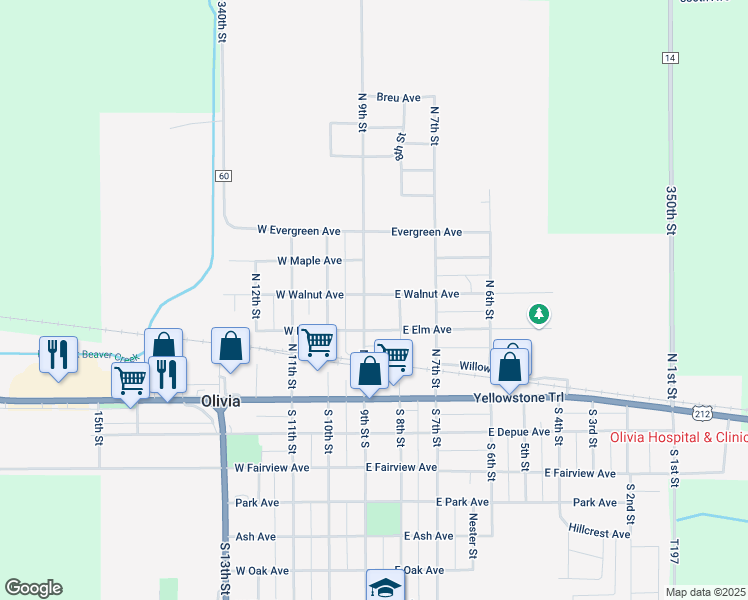 map of restaurants, bars, coffee shops, grocery stores, and more near 311 North 9th Street in Olivia