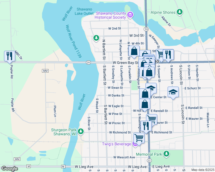 map of restaurants, bars, coffee shops, grocery stores, and more near 218 South Bartlett Street in Shawano