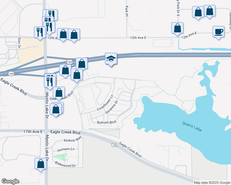 map of restaurants, bars, coffee shops, grocery stores, and more near 1421 Coneflower Lane in Shakopee