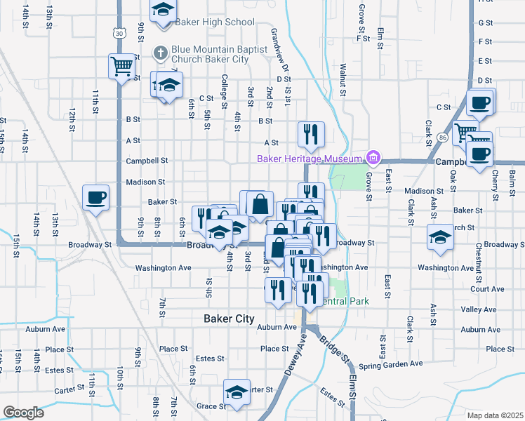 map of restaurants, bars, coffee shops, grocery stores, and more near 2219 2nd Street in Baker City