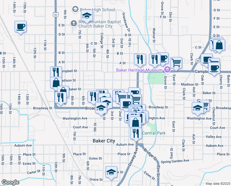 map of restaurants, bars, coffee shops, grocery stores, and more near 2219 2nd Street in Baker City