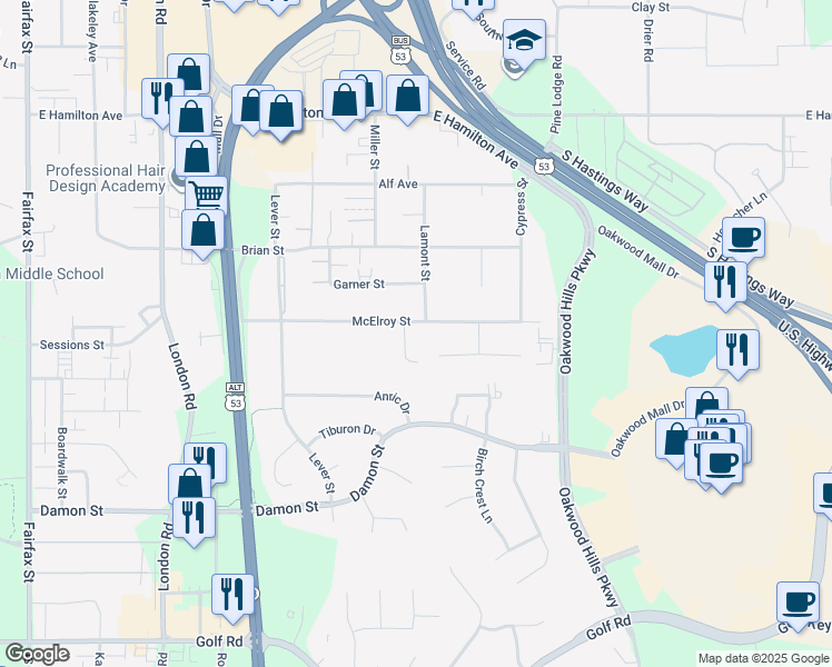map of restaurants, bars, coffee shops, grocery stores, and more near 3431 McElroy Street in Eau Claire