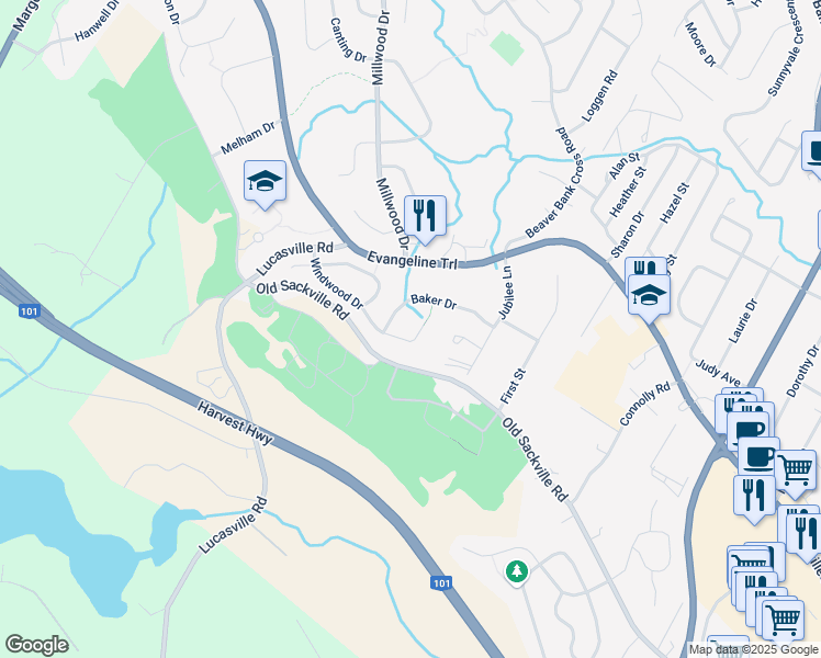 map of restaurants, bars, coffee shops, grocery stores, and more near 108 Windwood Drive in Middle Sackville