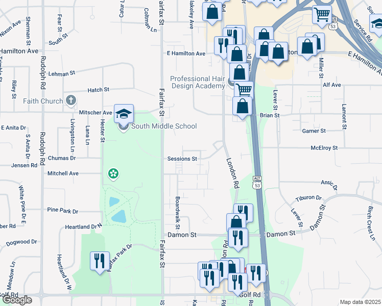 map of restaurants, bars, coffee shops, grocery stores, and more near 2516 Sessions Street in Eau Claire