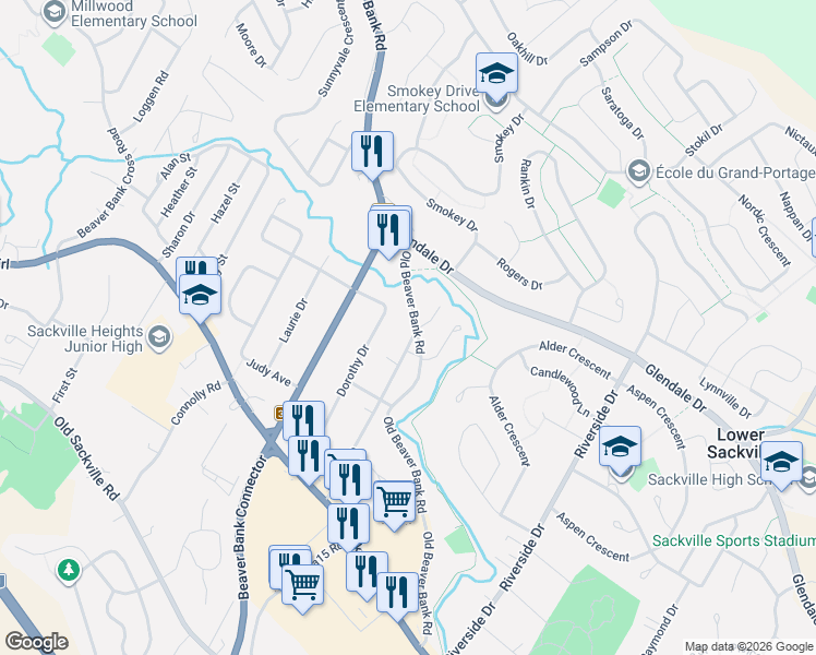 map of restaurants, bars, coffee shops, grocery stores, and more near 64 Irene Avenue in Lower Sackville