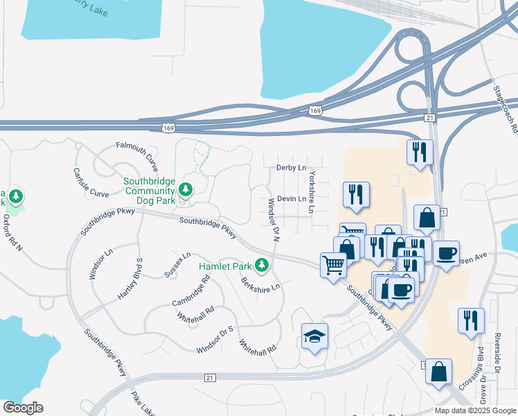 map of restaurants, bars, coffee shops, grocery stores, and more near 7350 Windsor Drive North in Shakopee
