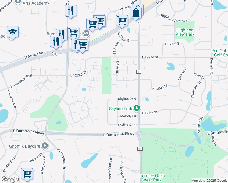 map of restaurants, bars, coffee shops, grocery stores, and more near 12318 17th Avenue South in Burnsville