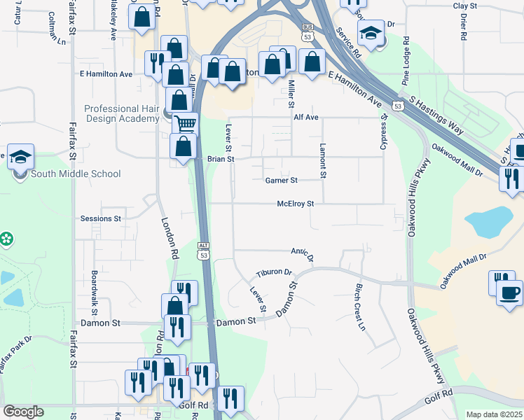 map of restaurants, bars, coffee shops, grocery stores, and more near 3211 McElroy Street in Eau Claire