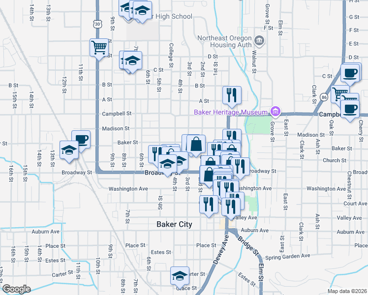 map of restaurants, bars, coffee shops, grocery stores, and more near 2231 3rd Street in Baker City