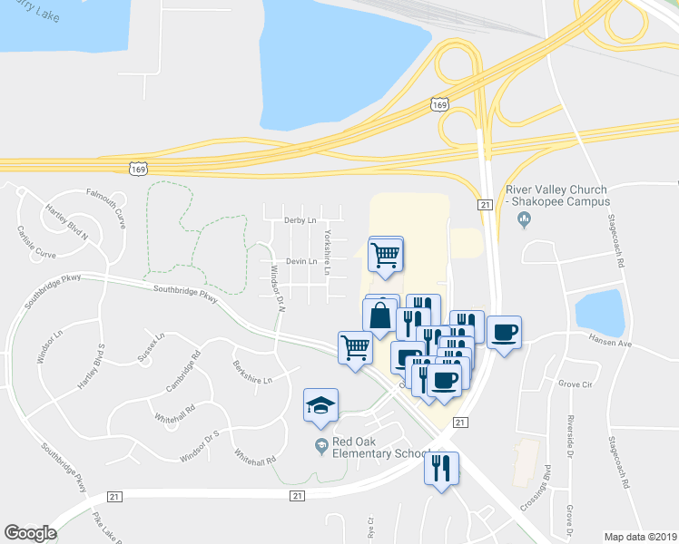map of restaurants, bars, coffee shops, grocery stores, and more near 1475 Yorkshire Lane in Shakopee