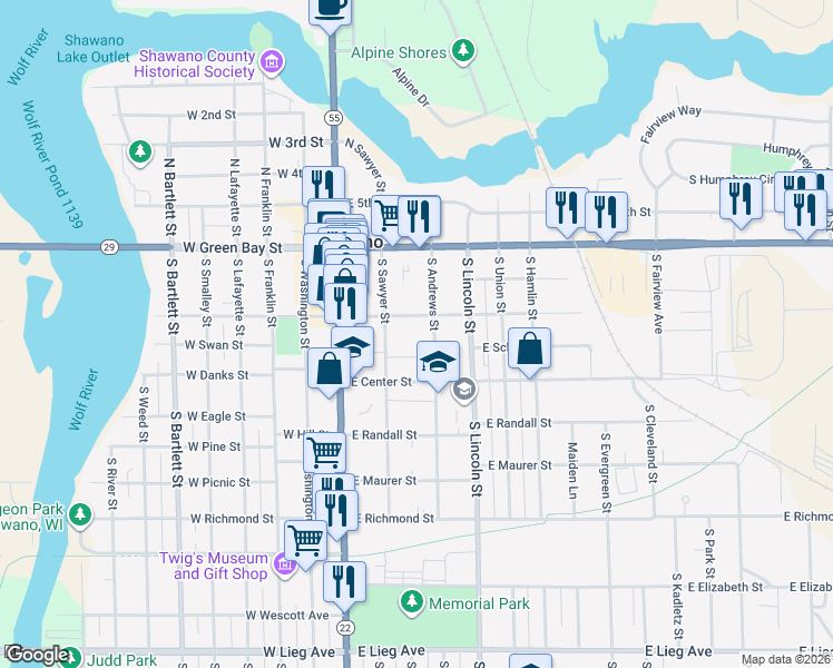 map of restaurants, bars, coffee shops, grocery stores, and more near 220 East Division Street in Shawano