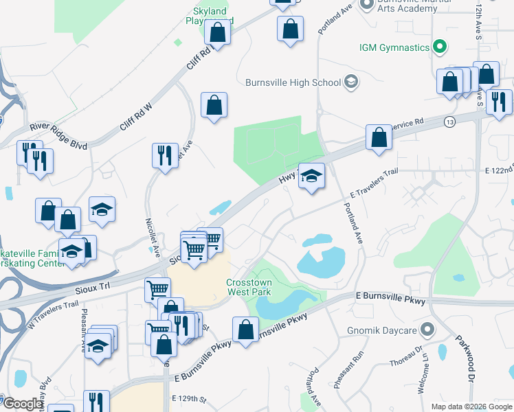 map of restaurants, bars, coffee shops, grocery stores, and more near 455 Meadowood Lane in Burnsville