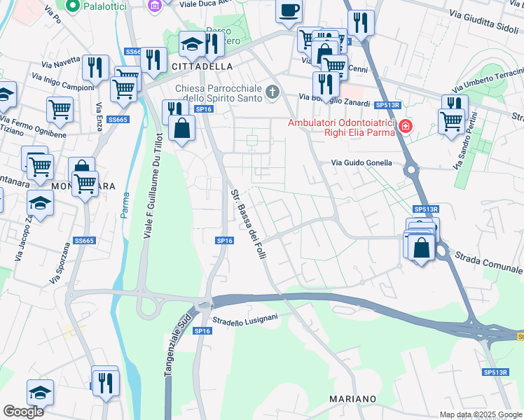 map of restaurants, bars, coffee shops, grocery stores, and more near 1 Via Giuseppe Impastato in Provincia di Parma