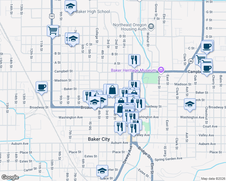 map of restaurants, bars, coffee shops, grocery stores, and more near 2291 2nd Street in Baker City