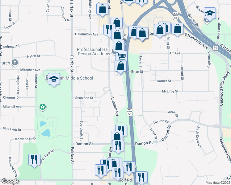 map of restaurants, bars, coffee shops, grocery stores, and more near 3655 London Road in Eau Claire