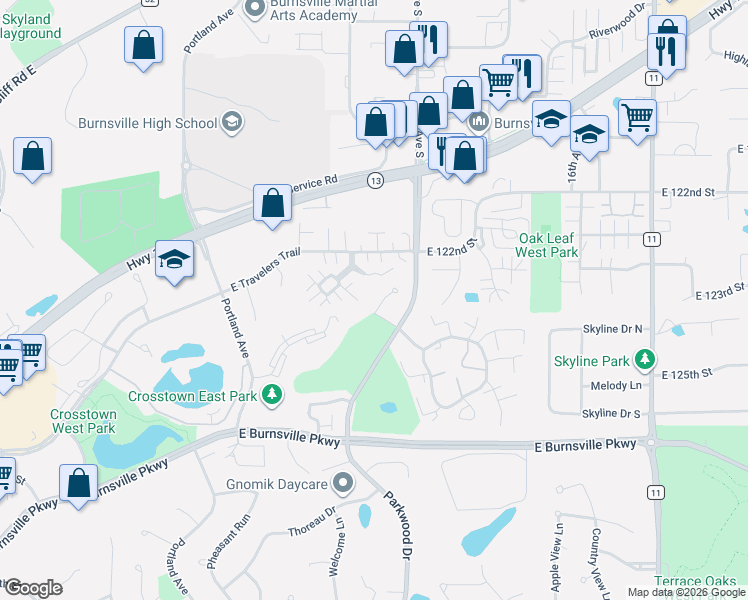 map of restaurants, bars, coffee shops, grocery stores, and more near 12414 Birnamwood Court in Burnsville