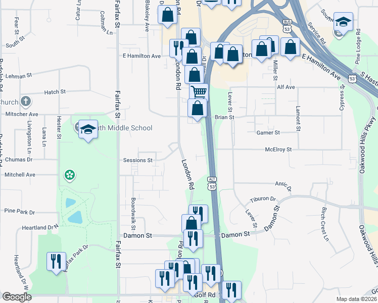 map of restaurants, bars, coffee shops, grocery stores, and more near 3635 London Road in Eau Claire