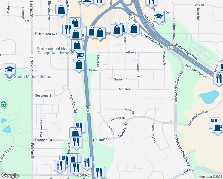 map of restaurants, bars, coffee shops, grocery stores, and more near 3211 McElroy Street in Eau Claire