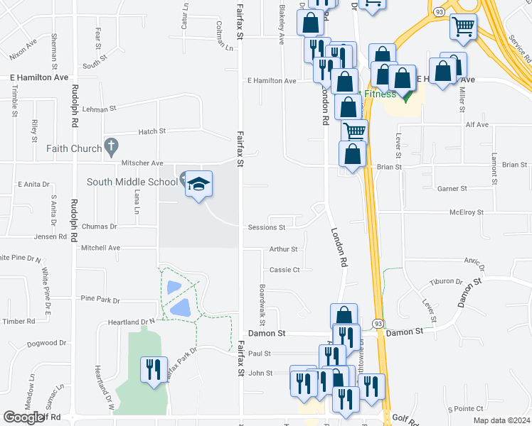 map of restaurants, bars, coffee shops, grocery stores, and more near 2328 Sessions Street in Eau Claire