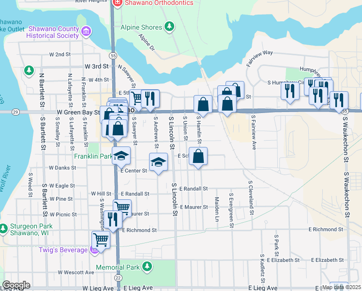 map of restaurants, bars, coffee shops, grocery stores, and more near 319 South Union Street in Shawano
