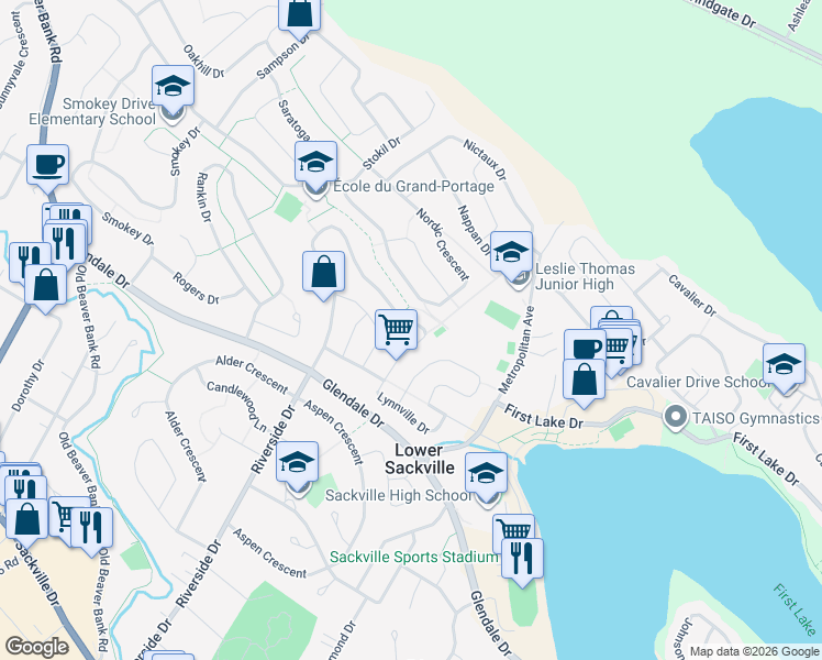 map of restaurants, bars, coffee shops, grocery stores, and more near 1681 Riverside Drive in Lower Sackville