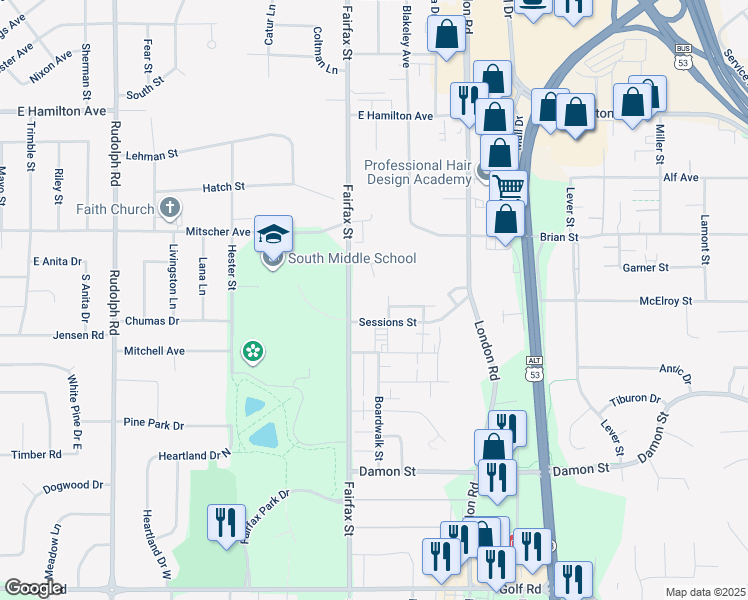map of restaurants, bars, coffee shops, grocery stores, and more near 2330 Sessions Street in Eau Claire