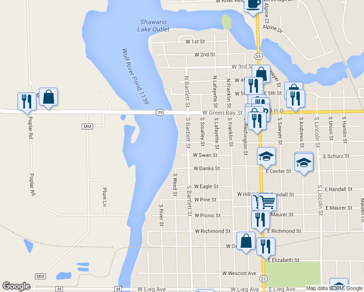 map of restaurants, bars, coffee shops, grocery stores, and more near 218 South Bartlett Street in Shawano