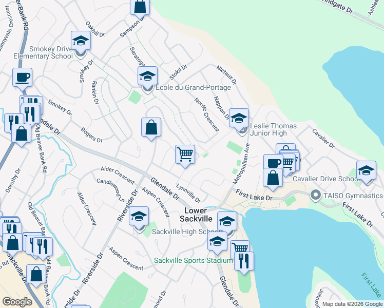 map of restaurants, bars, coffee shops, grocery stores, and more near 1681 Riverside Drive in Lower Sackville
