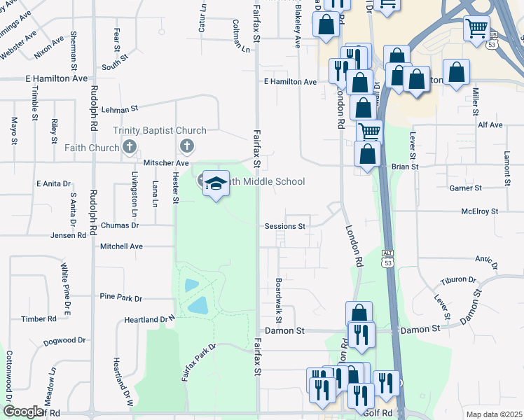 map of restaurants, bars, coffee shops, grocery stores, and more near 3613 Fairfax Street in Eau Claire
