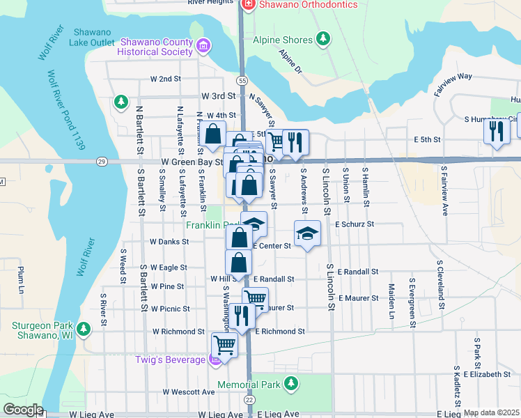 map of restaurants, bars, coffee shops, grocery stores, and more near 126 East Division Street in Shawano