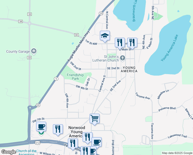 map of restaurants, bars, coffee shops, grocery stores, and more near 304 Oak Drive in Norwood Young America