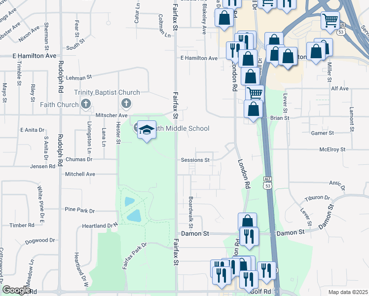 map of restaurants, bars, coffee shops, grocery stores, and more near 2328 Sessions Street in Eau Claire